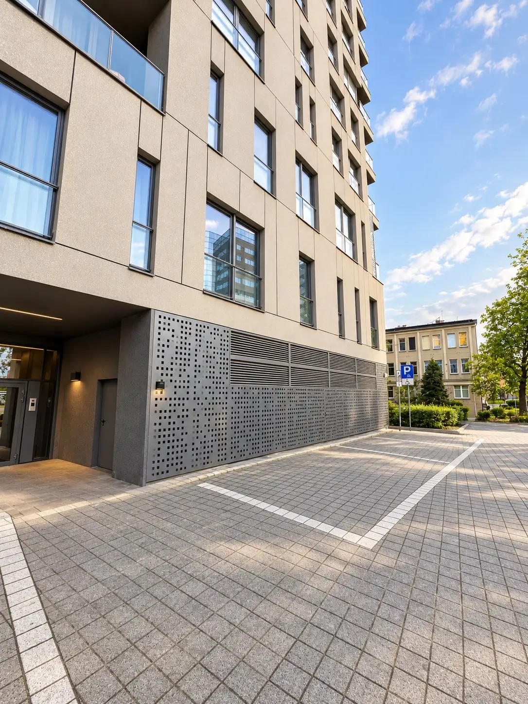 Entrance to the underground garage at Sokolska 30 Towers