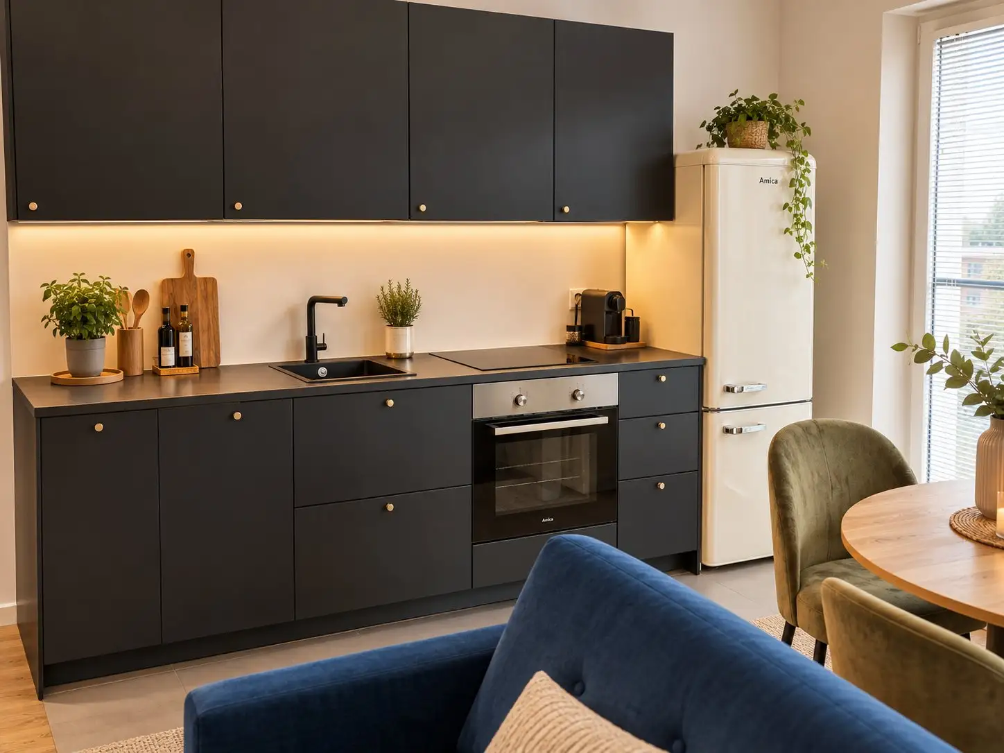 Skyline kitchen with oven, hob and fridge