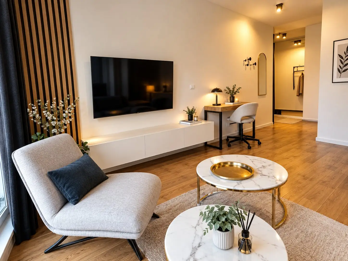 Living room of the Skyline apartment with gold accents